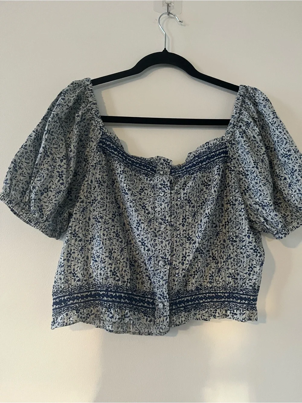 NWT Madewell Blue White Floral Puff Sleeve Crop Top Medium Cottagecore Cotton